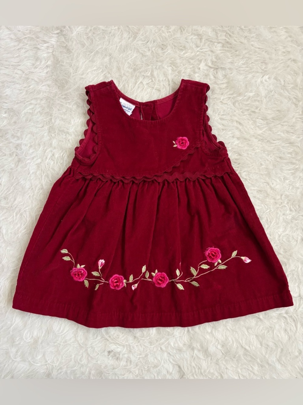 Samara Girls' Vintage Burgundy Corduroy Dress with Floral Embroidery